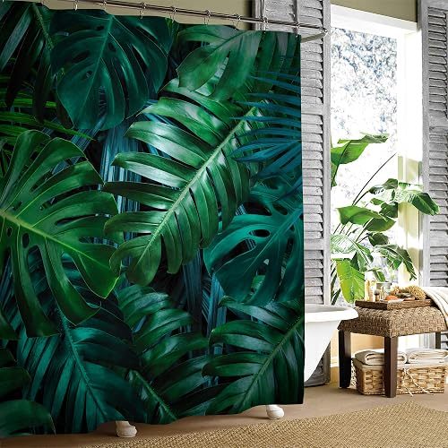 MitoVilla Tropical Palm and Banana Tree Leaf Shower Crutain, Hawaii Jungle Botanical Plant Art Print for Summer Bathroom Decor, Washable Waterproof Fabric Bathroom Accessories, Green, 72" W x 78" L