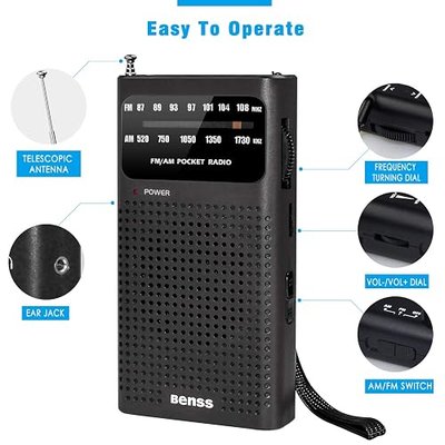 Benss Small Radios Portable AM FM, Transistor radios 2AA Battery Operated with Best Reception, Radio with Speaker & Headphone Jack, Pocket Radio for Indoor, Outdoor and Emergency Use(Black)