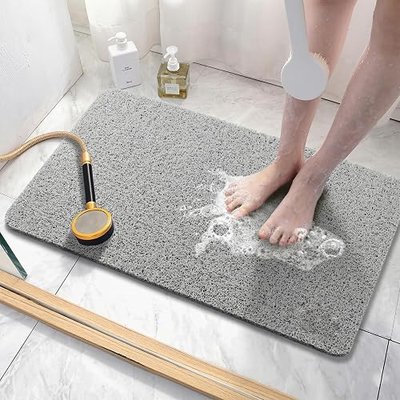 Asvin Soft Textured Bath, Shower, Tub Mat, 24x16 Inch Rectangular, Phthalate Free, Non Slip Comfort Bathtub Mats with Drain, PVC Loofah Bathroom Mat for Wet Areas, Quick Drying, Grey