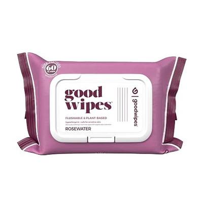 goodwipes Flushable Butt Wipes Made with Vitamin E & Aloe – Soft & Gentle Wet Wipe Dispenser for Home Use, Septic & Sewer Safe – Largest Adult Toilet Wipes – Rosewater, 60 Count