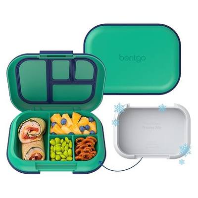 Bentgo Chill Kids Leakproof Lunch Box - 4-Compartment Bento Box with Built-In Ice Pack, 3.3 Cup Capacity, BPA-Free, Microwave & Dishwasher Safe Tray, Ages 3–7 (Green/Navy)