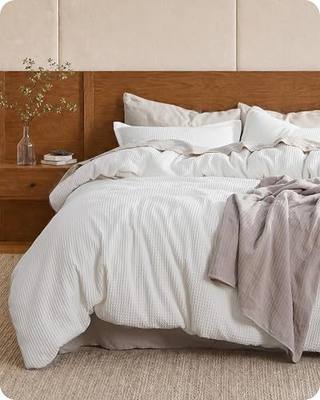 Bedsure Cotton Duvet Cover King - 100% Cotton Waffle Weave Coconut White Duvet Cover King Size, PureWoven Breathable Bedding Set for All Season, 3 Pieces, 104"x90"
