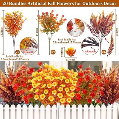 20 Bundles Artificial Fall Flowers for Outdoors Fall Decorations - UV Resistant Fake Mums Faux Fall Plants Plastic Flowers for Garden Porch Fireplace Patio Home Indoor Autumn Fall Thanksgiving Decor