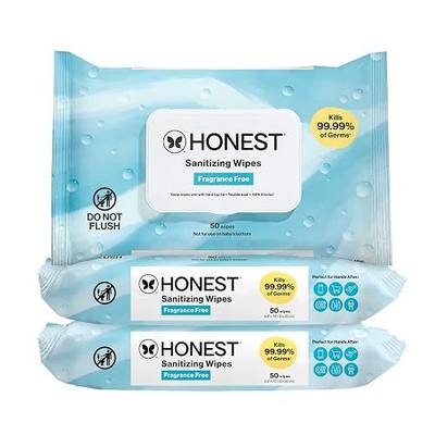 The Honest Company Fragrance Free Sanitizing Alcohol Wipes | Antibacterial + Safe for Hands | Kills 99% of Germs, Made With Aloe | 150 Count (3 Packs of 50)