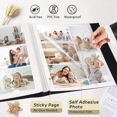RECUTMS Self Adhesive Photo Album, 60 Pages Magnetic Scrapbook Album | Strong Adhesive, White Acid-Free Pages, Fits 3x5–8x10 Photos, Premium Leather Cover, Photo Window Cover, Wedding & Family
