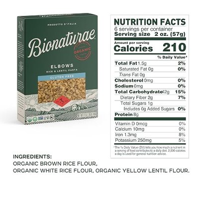 Bionaturae Elbow Pasta Noodles - Gluten Free Pasta Organic, Rice & Lentil Pasta, Kosher Certified, High Protein, Non-GMO Verified, USDA Certified, Gluten Free Pastas, Crafted in Italy - 12 Oz, 6 Pack