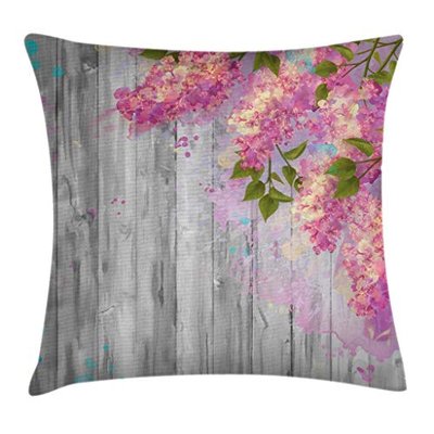 Ambesonne Flower Throw Pillow Cushion Cover, Floral Watercolor Style Effect Branches of Lilac Bloom on Wooden Background Print, Decorative Square Accent Pillow Case, 24" X 24", Grey Pink