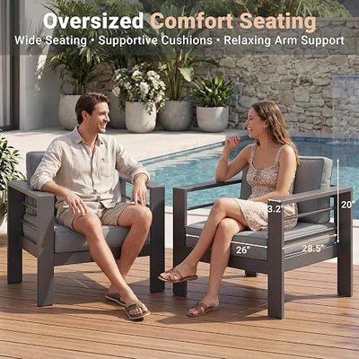 Solaste Aluminum Outdoor Patio Chairs Set of 2, Dark Grey Patio Sofa Set