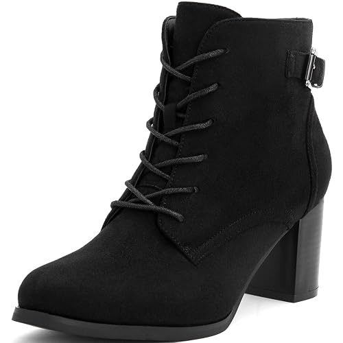 katliu Women's Heeled Ankle Boots Chunky Heel Lace up Booties Black