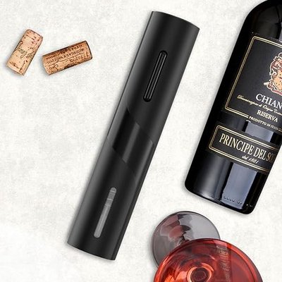 COKUNST Electric Battery Operated Wine Bottle Opener with Foil Cutter | One-click Button Corkscrew Remover with Blue Led Indicator Light for Home Kitchen Party Wedding Black