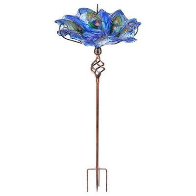 VCUTEKA Glass Bird Bath Outdoor Birdfeeder with Metal Stake Garden Decor | Handcrafted peacock feather Glass Birdbath for outside, attracts backyard birds and elevates your garden space