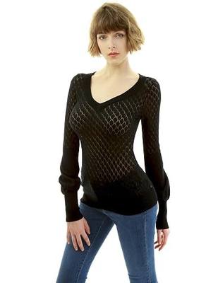 AmélieBoutik Women V Neck Semi Sheer Bishop Sleeve Sweater