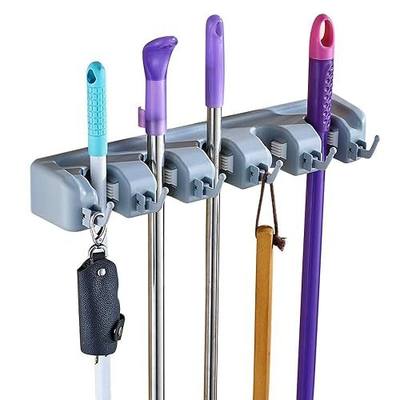 Mop and Broom Holder Wall Mount and Garden Tool Organizer, 5 Auto Adjust Slots, 6 Hooks, Easy Install Wall Mount, Store Cleaning and Gardening Tools, Organize Kitchen, Garage, Storage Rooms