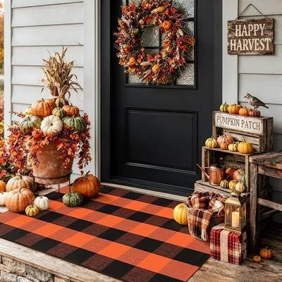LEEVAN Halloween Buffalo Plaid Outdoor Rug, Fall Decor Front Porch Rug