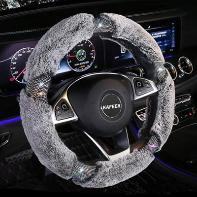 KAFEEK Bling Fluffy Fuzzy Steering Wheel Cover for Women, 15 Inch, Gray