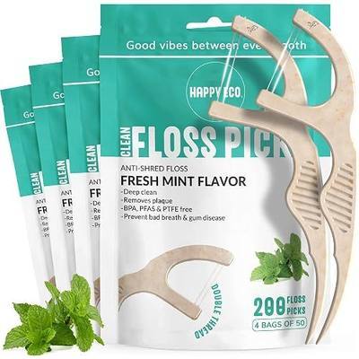 Dental Floss Picks for Teeth (200ct) - Double Thread Tooth Picks Flossers for Adults, Toothpicks Floss, Vegan Corn-Straw Handle, Shred-Resistant String for Interdental Oral Care & Gum Health, Mint