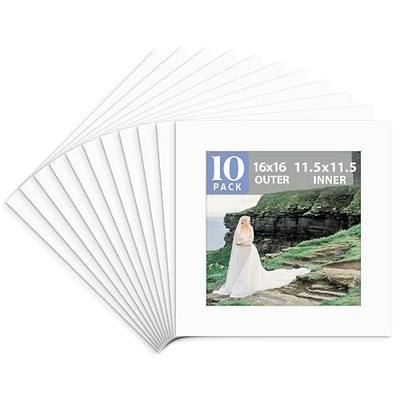 Golden State Art, Pack of 10 Acid Free 16x16 for 12x12 White Picture Mats, Bevel Cut White Core Frame Mattes for Photos