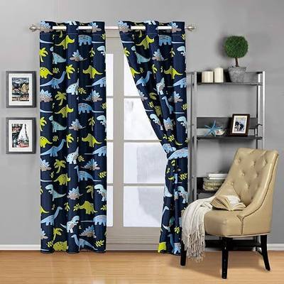 Linen Plus 2 Panel Curtain Set with Grommets for Teens Boys Girls New (Blue Dinosaur)