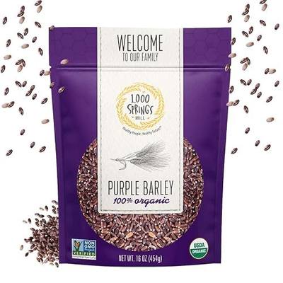 1000 Springs Mill - Organic Purple Barley | Used for Cereals, Salads, Whole Wheat Bread, Fresh Barley Flour, Sprouting Seeds, and more | Bulk Dried Grain | Resealable Bag | 16oz (Pack of 1)