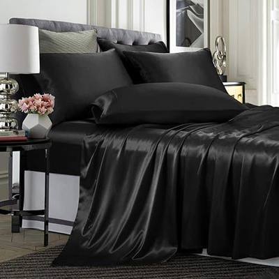 TREELY 4 Piece Set Black Satin Sheets Twin Size