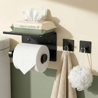 Tindbea Toilet Paper Holder Wall Mount + Towel Robe Hooks, Adhesive or Screw Wall Mounted Toilet Paper Roll Holder with Shelf, Stainless Steel Bathroom Organizers and Storage Kit (Matte Black)