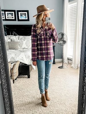 Women's Roll Up Long Sleeve Notch Neck Plaid Shirt Button Down Checkered Tunic Top
