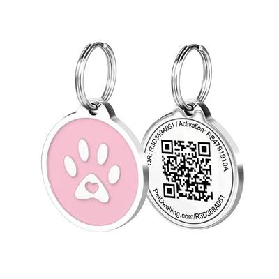 Pet Dwelling QR Pet Tag – Easy Scan Instant Location Alerts, Online Pet Profile with AI Feature for Dogs & Cats (Pink Paw)