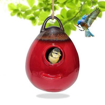 Kimdio Birdhouse Ceramic Hanging Birdhouses Bird Hut Hanging Outdoor Birdhouse for Wild Birds, Finch, Cardinal, and Bluebird - Red