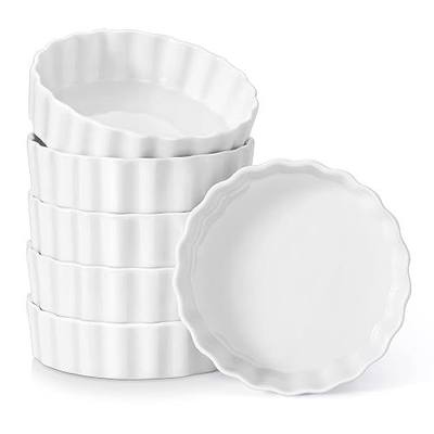 LOVECASA Porcelain Ramekins 8 Oz Oven Safe Set of 6 - Shallow Creme Brulee Dishes for Baking, Soufflés, Custards, Fluted Quiche Pans, Chip-Resistant & Stackable, White