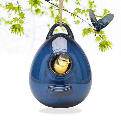 Kimdio Birdhouse Ceramic Hanging Birdhouses Bird Hut Hanging Outdoor Birdhouse for Wild Birds, Finch, Cardinal, and Bluebird - Blue