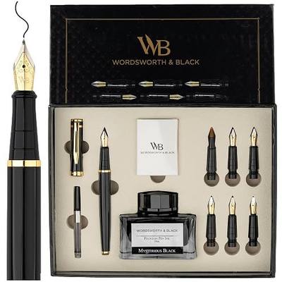 Wordsworth & Black Luxury Calligraphy Pen Set for Writing, 6 Nibs, Black | Fountain Ink Bottle, Cartridges & Refill Converter, Refillable, Black, High End Gift for Men & Women, Journaling & Lettering