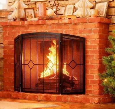 FireBeauty Fireplace Screen 3 Panel Wrought Iron Black Metal 48"(L) x30(H) Spark Guard Cover (Classic)