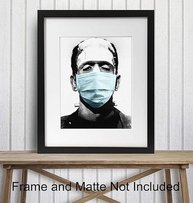 Covid 19 Photo of Frankenstein in Face Covering Buff Mask Wall Art - Pandemic Social Distancing Room Decor, Home Decoration - Goth Horror Movie Poster - Funny Vintage Hollywood Gift