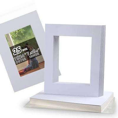 Acid Free 25 Pack 11x14 Pre-Cut Mat Board Show Kit for 8x10 Photos | Prints or Artworks, 25 Core Bevel Cut Matts and 25 Backing Boards and 25 Crystal Plastic Bags, White