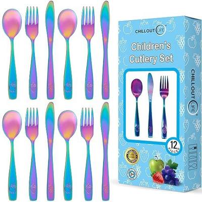12 Piece Stainless Steel Kids Silverware Set - Child and Toddler Safe Flatware - Kids Utensil Set - Metal Kids Cutlery Set Includes 4 Small Kids Spoons, 4 Forks & 4 Knives - UV Rainbow