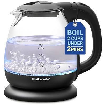 Elite Gourmet EKT1001 1.0L Glass Kettle, 1100W, Cordless Base, Black | BPA-Free Glass, Blue LED Interior, 360° Base, Auto Shut-Off Function, Quickly Boil Water for Tea & More