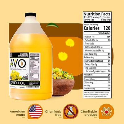 AVO Expeller Pressed Canola Oil for Cooking and Frying, 1 Gallon, NON-GMO, High Smoke Point 465°F, Everyday Cooking oil