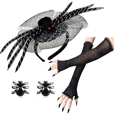 Halloween Spider Headband, Web Arm Warmer Glove, and Earrings for Cosplay - Black