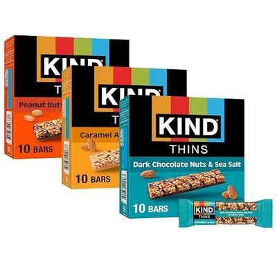 KIND Thins Snack Bars Variety Pack, Gluten Free, Low Calorie, Healthy Snacks, Dark Chocolate Nuts & Sea Salt, Caramel Almond & Sea Salt, Peanut Butter Dark Chocolate, 4g Sugar, 30 Count | A light, 90-calorie morning snack with 4-5g sugar. These thin, crunchy, non-GMO, gluten-free nut bars include 30