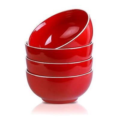 Joyroom Porcelain Cereal Bowl Set, 24 oz Soup Bowl, Ceramic Bowl For Oatmeal Breakfast, Chip, Rice, Ramen, Dinner, Classic Collection Set of 4 (Red)