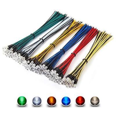 CHANZON 120pcs 12V 5mm LED Diode Lights 7.9 inch Pre Wired Assorted Kit | 6 Colors x 20pcs 7.9 inch (Transparent Clear Round Lens) White Red Green Blue Yellow Warm-White Emitting LED Assortment