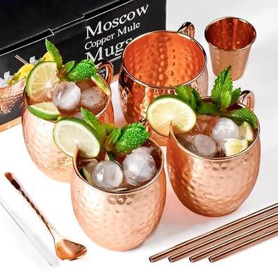 Moscow Mule Mugs, 4pcs Set of 16oz Copper Cups, Handcrafted Traditional Design, Gift Set with Straws, Spoon, Cleaning Brush & Shot Glass, Insulated, Reusable