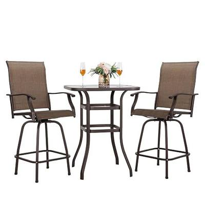 NUU GARDEN 3 Piece Patio Bar Set, All Weather Mental Textilene High Stools Set Outdoor Swivel Bar Chair Set of 2 and High Silk Screen Glass Bar Table, High Top Patio Set,Brown