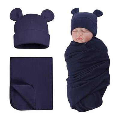 PESAAT Cotton Baby Swaddle Hat Set Newborn Infant Hats Receiving Blankets for Baby Boys Girls