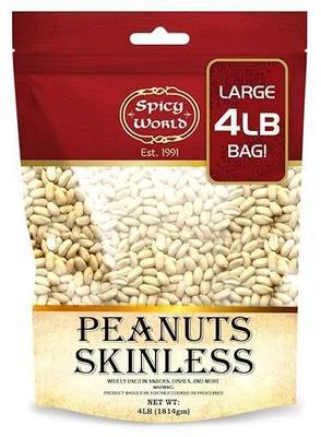 Spicy World Skinless Peanuts, Blanched Raw Peanuts (Uncooked, Unsalted) 4 Pound (64oz) ~ All Natural USA Grown