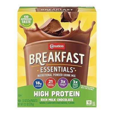 Carnation Breakfast Essentials High Protein Powder Drink Mix, Rich Milk Chocolate, 10 Packets, 6 Count