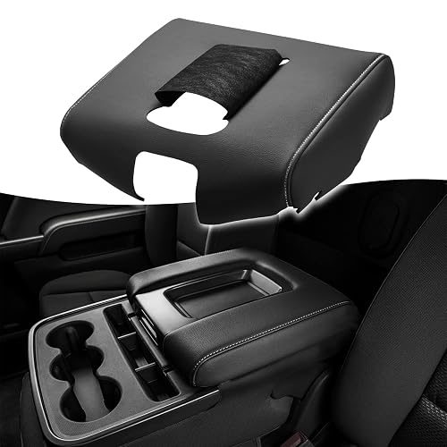 KBH Auto Center Console Armrest Cover Replacement for Chevrolet Silverado & GMC Sierra 1500 2500 3500 2014-2018, Vinyl Leather Middle Console Lid Upholstery, Split Bench Jump Seat (Black-Gray Stitch)