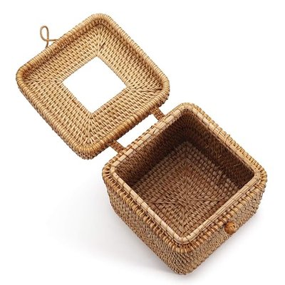Rattan Square Tissue Box Cover, 5.7" x 5.7" x 5", Decorative Woven Facial Tissue Holder with Hinged Top Lid, Natural Color