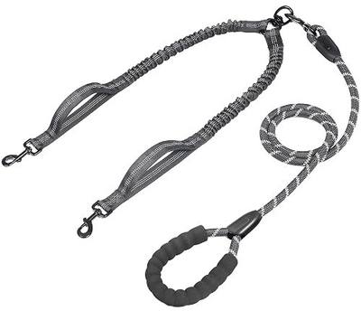 Double Dog Leash with Two Extra Traffic Handles, 360 Swivel No Tangle Dual Dog Walking Leash, Comfortable Shock Absorbing Reflective Bungee for Two Dogs (18~120 lbs, Black)