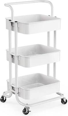 Pipishell 3 Tier Rolling Cart, Metal Utility Cart with Wheels and Handle, Rolling Storage Cart for Nursery Room, Living Room, Painting Room, Office and Kitchen, White